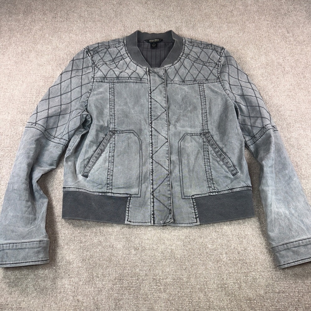 Peyton Jensen Gray Quilted Bomber Jacket Full Zip Snap Front Size Medium
